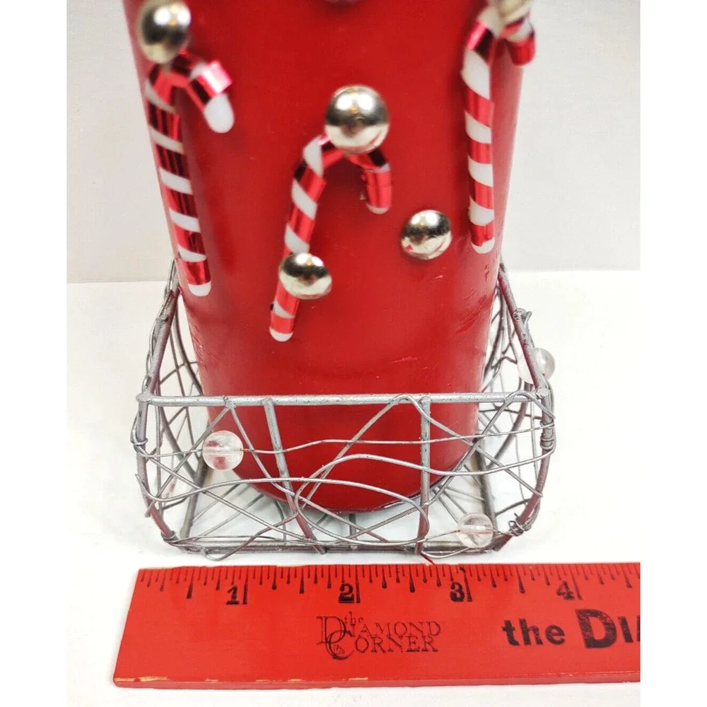 Handmade Christmas Candy Cane Pillar Candle 6oz w Wire Basket Red Holiday